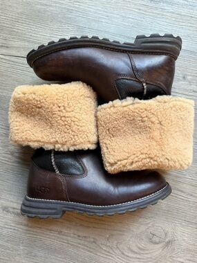 UGG Leather Shearling Tall Boots Brown Black Womens 7